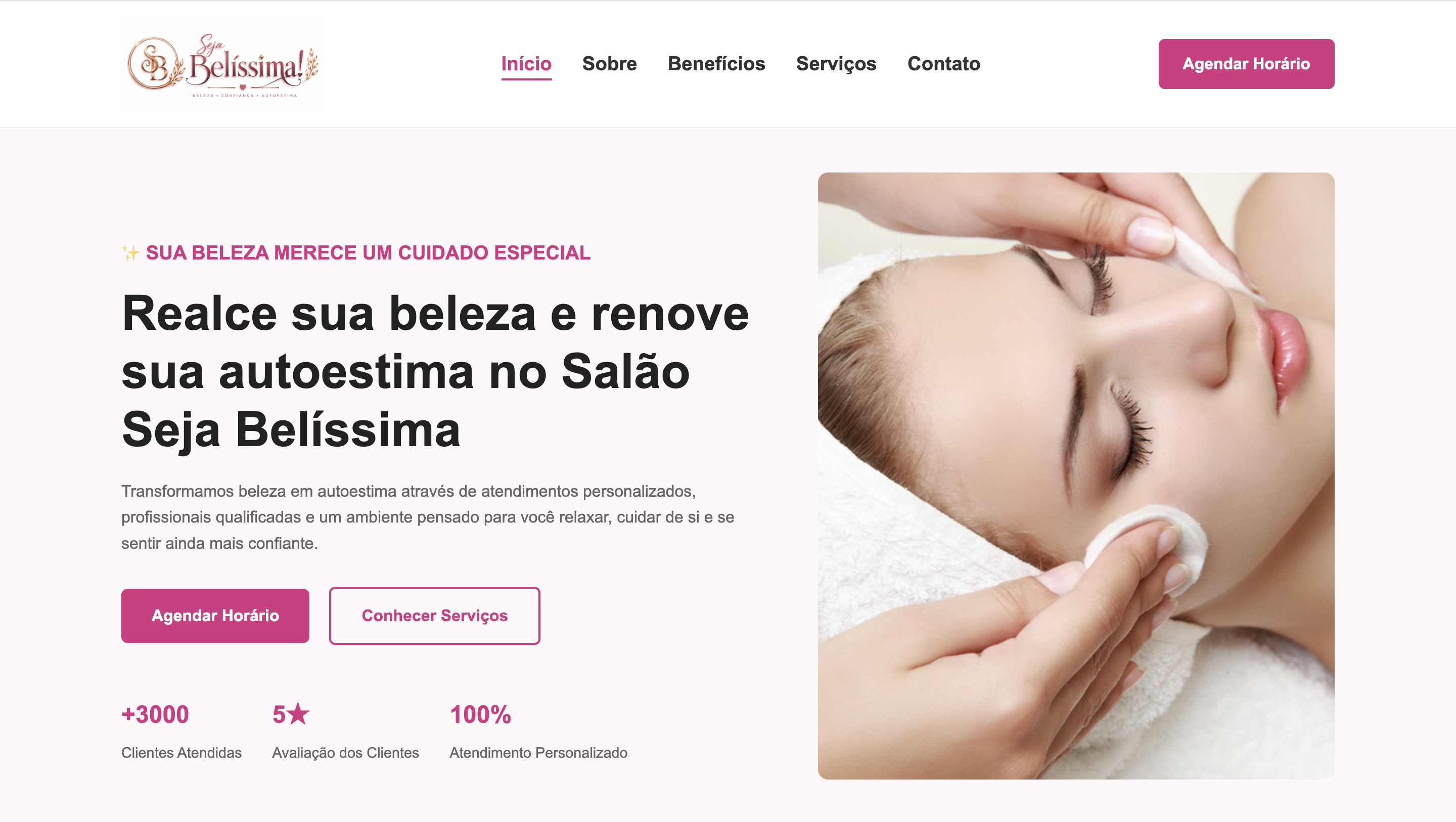 Landing Page Seja Belíssima desenvolvida com HTML, CSS e JavaScript